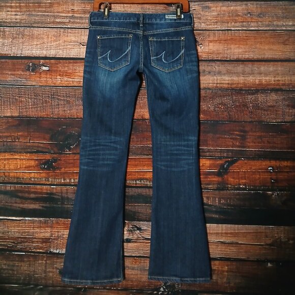 Express Jeans 2 Short Stella Boot Cut Low Rise Dark Wash Denim Stretch - Picture 3 of 8